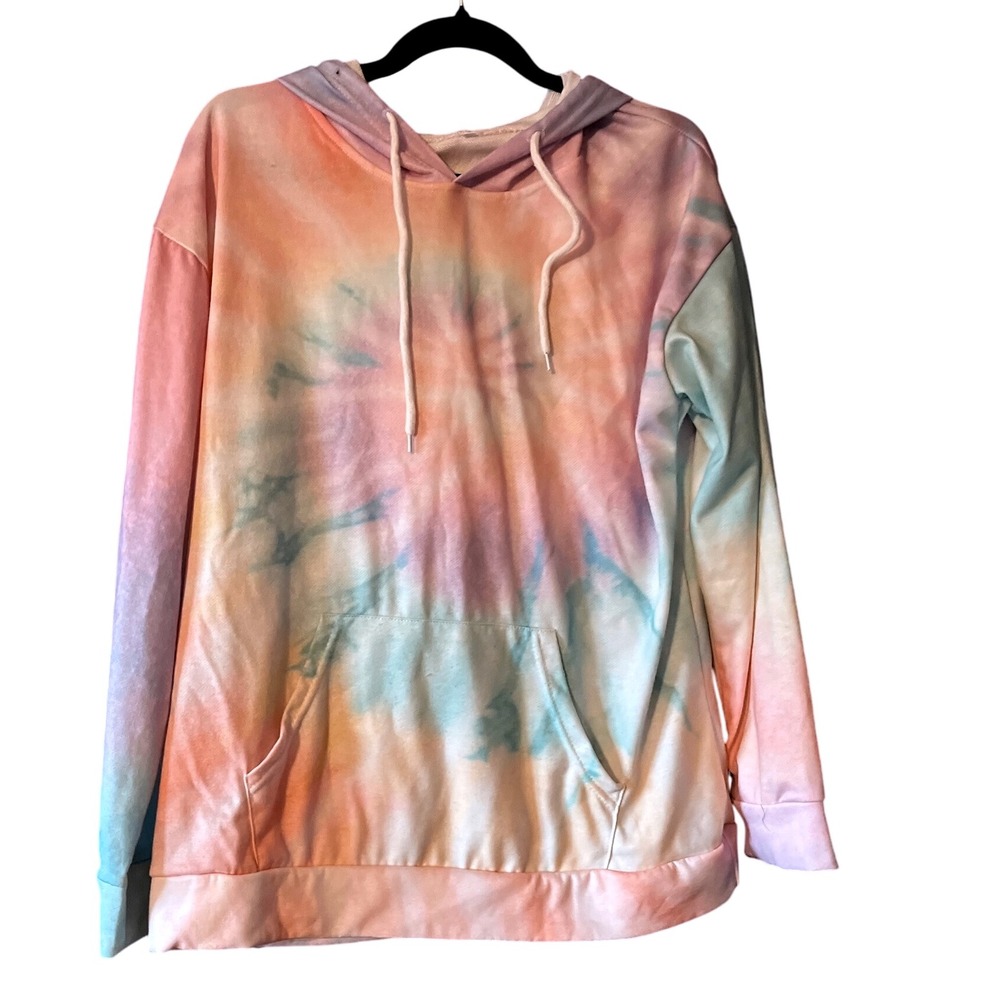 Womens Tie Dye Hoodie Sweatshirt Long Sleeve Pockets‎ Pastel Colors Size L EUC
